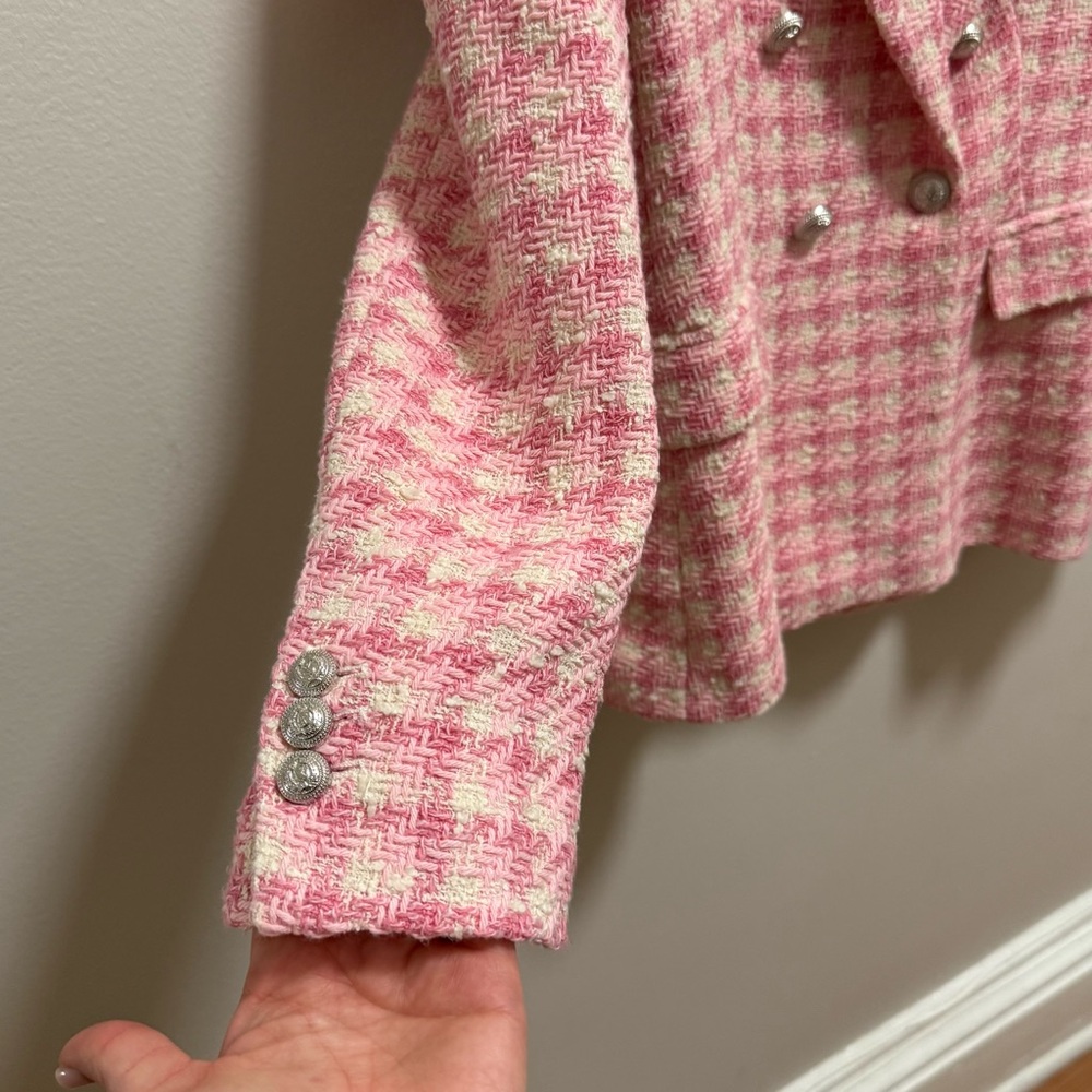 ZARA Pink Tweed Blazer Double Breasted Bouclé Jacket tailored Preppy Workwear - Picture 4 of 14